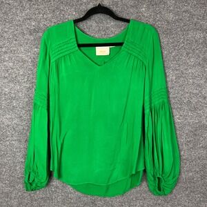 Maeve Anthropologie Green Long Sleeve V-Neck Blouse Top Pleated XS‎